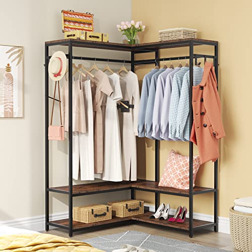 Tribesigns L Shaped Garment Rack, Heavy Duty Wardbrobe Rack, Heavy Duty Wood Clothing Rack with Double Rods Clothes Rack with Storage Shelves and Side Hooks for Hats