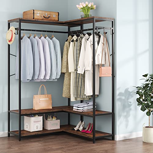 Tribesigns L Shaped Garment Rack, Heavy Duty Wardbrobe Rack, Heavy Duty Wood Clothing Rack with Double Rods Clothes Rack with Storage Shelves and Side Hooks for Hats