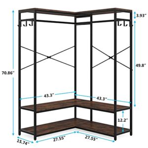 Tribesigns L Shaped Garment Rack, Heavy Duty Wardbrobe Rack, Heavy Duty Wood Clothing Rack with Double Rods Clothes Rack with Storage Shelves and Side Hooks for Hats