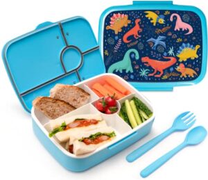ruvalino bento lunch box for kids, 5-compartment bento-style kids lunch box with utensils, leak-proof, dishwasher safe, pre-school kid daycare lunches snack container for ages 5 and up, dinosaur