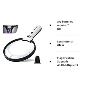 Large Magnifying Glass with Light, 10X 20X 45X Handheld with 3 LED Lights 1UV Light Storage Bag Clean Cloth for Seniors Reading Inspection