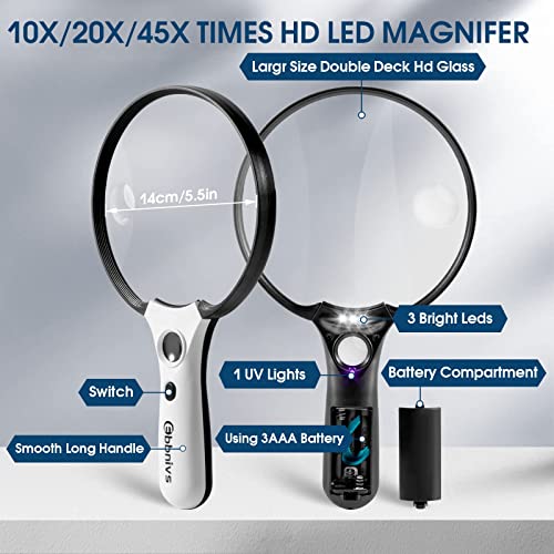 Large Magnifying Glass with Light, 10X 20X 45X Handheld with 3 LED Lights 1UV Light Storage Bag Clean Cloth for Seniors Reading Inspection