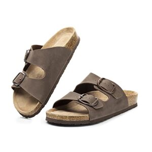 FITORY Womens Flat Sandals with Cork Footbed, Open Toe Slides Adjustable Slip On Slippers for Summer Brown Size 8