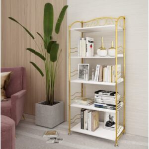 yadoolife 5 tiers bookshelf for bedroom, vintage arched 5 shelf metal bookcases, white and gold storage shelf, vertical book rack, books holder organizer in classroom/living room/home/office