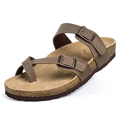 FITORY Womens Leather Slide Sandals with Comfort Cork Footbed Brown Size 9