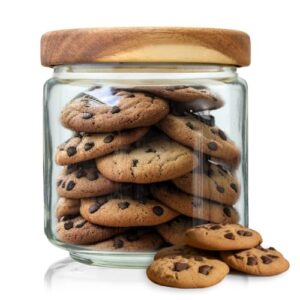 soul one 17oz (500 ml) small stackable glass cookie jar with wide mouth airtight wooden lid, clear candy jar, sugar jars for kitchen, round organization container for coffee bean, tea, nut - acacia