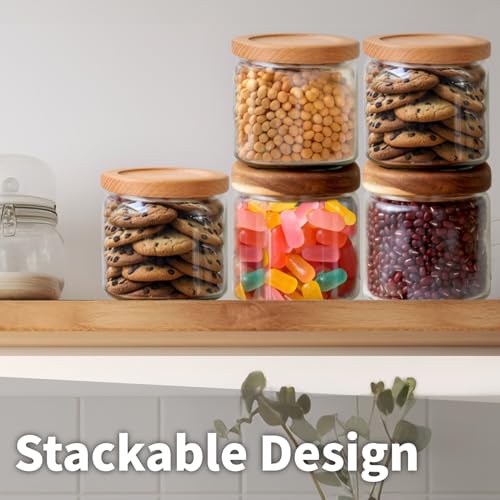 SOUL ONE 17oz (500 ML) Small Stackable Glass Cookie Jar with Wide Mouth Airtight Wooden Lid, Clear Candy Jar, Sugar Jars for Kitchen, Round Organization Container for Coffee Bean, Tea, Nut - Acacia