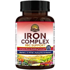 vitalitown iron complex, complete blood building formula, ferrous bisglycinate, active b6, folate, b12, red blood cell support, best absorption, once daily, 60 vegan caps