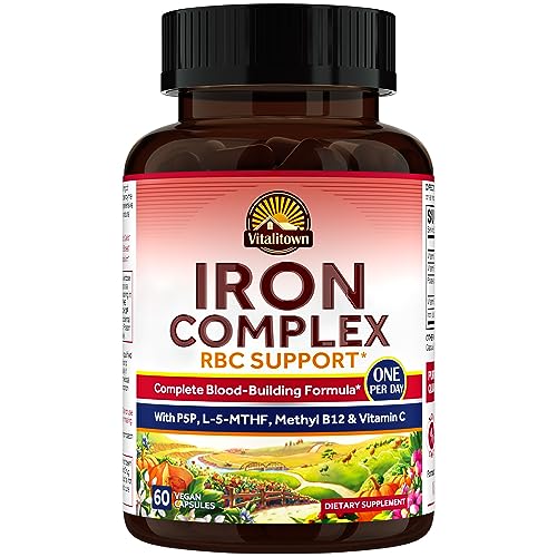 Vitalitown Iron Complex, Complete Blood Building Formula, Ferrous Bisglycinate, Active B6, Folate, B12, Red Blood Cell Support, Best Absorption, Once Daily, 60 Vegan Caps