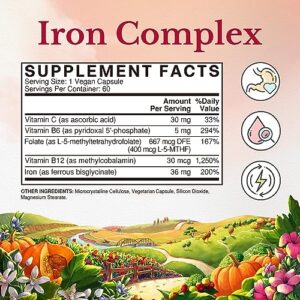 Vitalitown Iron Complex, Complete Blood Building Formula, Ferrous Bisglycinate, Active B6, Folate, B12, Red Blood Cell Support, Best Absorption, Once Daily, 60 Vegan Caps