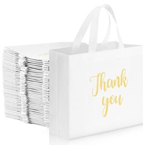 Fumete 50 Pcs Reusable Non Woven Thank You Bags Shopping Bags Grocery Bags Bulk Shopping Merchandise Bag with Handles (White, Gold)