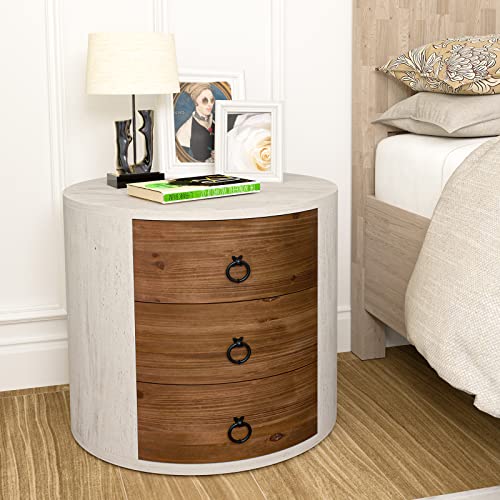 HOMPUS 3 Drawer Chest of Drawers, Round Storage Cabinet, Retro Large Nightstand, Vintage Wood Bedside Table End Table with Drawers for Bedroom Living Room, White