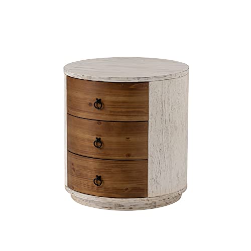 HOMPUS 3 Drawer Chest of Drawers, Round Storage Cabinet, Retro Large Nightstand, Vintage Wood Bedside Table End Table with Drawers for Bedroom Living Room, White