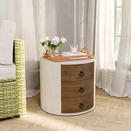 HOMPUS 3 Drawer Chest of Drawers, Round Storage Cabinet, Retro Large Nightstand, Vintage Wood Bedside Table End Table with Drawers for Bedroom Living Room, White