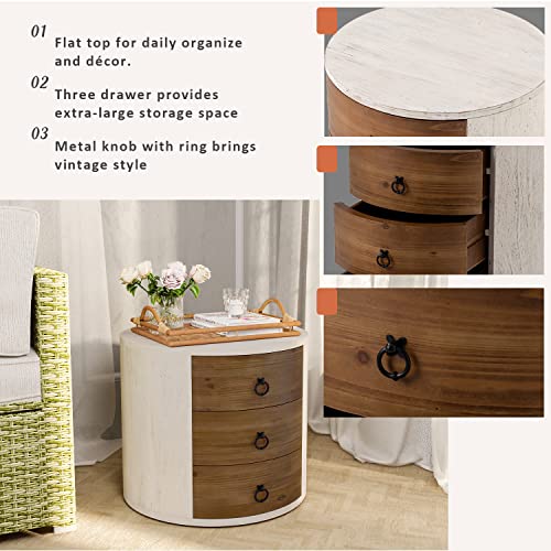 HOMPUS 3 Drawer Chest of Drawers, Round Storage Cabinet, Retro Large Nightstand, Vintage Wood Bedside Table End Table with Drawers for Bedroom Living Room, White