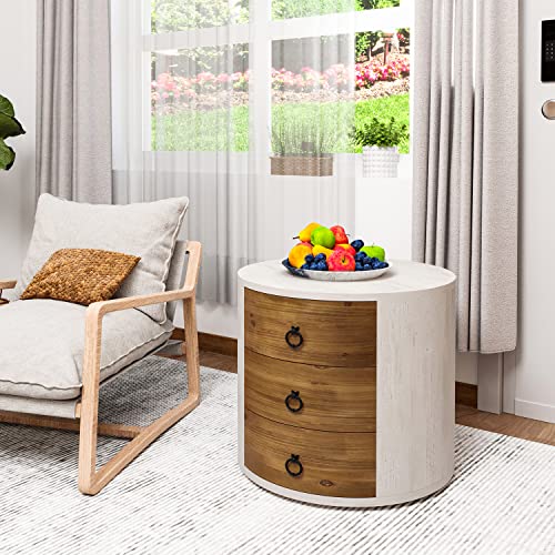 HOMPUS 3 Drawer Chest of Drawers, Round Storage Cabinet, Retro Large Nightstand, Vintage Wood Bedside Table End Table with Drawers for Bedroom Living Room, White