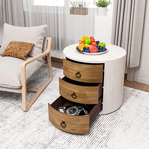 HOMPUS 3 Drawer Chest of Drawers, Round Storage Cabinet, Retro Large Nightstand, Vintage Wood Bedside Table End Table with Drawers for Bedroom Living Room, White