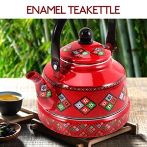 LIFKOME Red Tea Kettle Vintage Enamel Tea Kettle Stovetop Tea Pot Water Boiling Kettle 2.5L Stainless Steel Enameled Teakettle Kungfu Teapot for Boiling Water Coffee Tea Leaf (Red) Tea Kettle