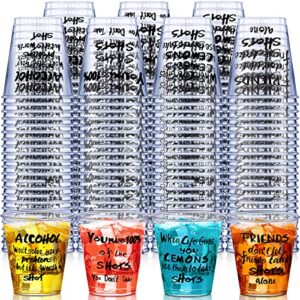 100 pcs plastic shot glasses 2 oz disposable cups bulk clear plastic sample cups transparent small tasting cups wine whiskey container fun design for party birthday supplies wedding, 4 styles