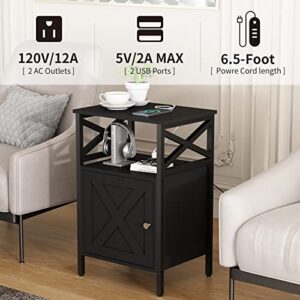 LDTTCUK Side Table with Charging Station, End Table with Power Outlet & USB Ports, Nightstand with 2 Tiers Storage Space and Storage Cabinet, Sofa Side Tables for Bedroom, Living Room,Office,Black