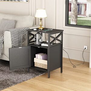 LDTTCUK Side Table with Charging Station, End Table with Power Outlet & USB Ports, Nightstand with 2 Tiers Storage Space and Storage Cabinet, Sofa Side Tables for Bedroom, Living Room,Office,Black