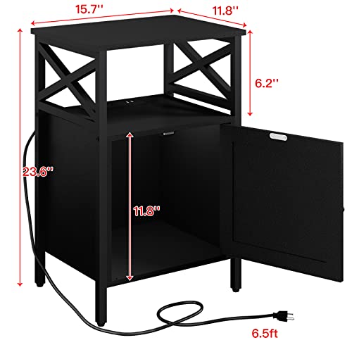 LDTTCUK Side Table with Charging Station, End Table with Power Outlet & USB Ports, Nightstand with 2 Tiers Storage Space and Storage Cabinet, Sofa Side Tables for Bedroom, Living Room,Office,Black