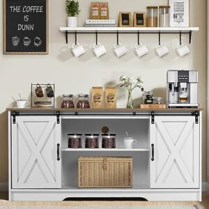 4ever2buy farmhouse coffee bar cabinet with storage, 59’’ kitchen buffet storage cabinet with sliding barn door, white buffet table with adjustable shelf, coffee bar table for living dining room