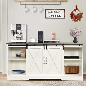 4ever2buy Farmhouse Coffee Bar Cabinet with Storage, 59’’ Kitchen Buffet Storage Cabinet with Sliding Barn Door, White Buffet Table with Adjustable Shelf, Coffee Bar Table for Living Dining Room