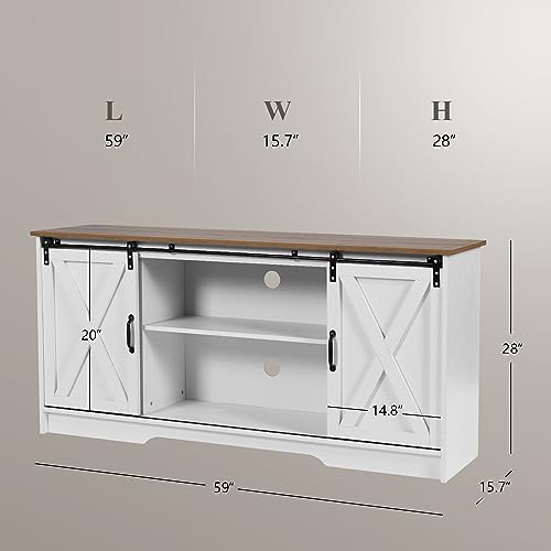 4ever2buy Farmhouse Coffee Bar Cabinet with Storage, 59’’ Kitchen Buffet Storage Cabinet with Sliding Barn Door, White Buffet Table with Adjustable Shelf, Coffee Bar Table for Living Dining Room