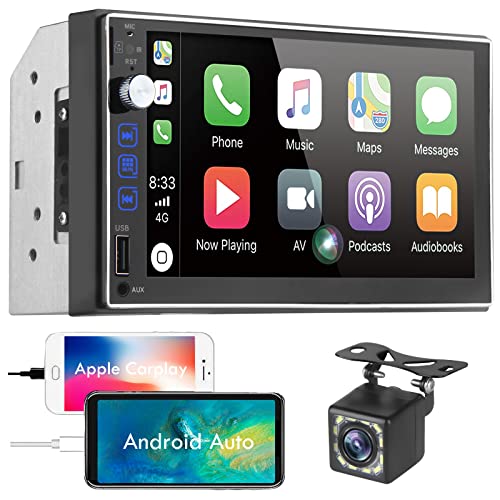 Double Din Car Stereo with Apple CarPlay & Android Auto - 7" Touchscreen Car Radio with Backup Camera and Mirror Link - Bluetooth Audio (Wired carplay)