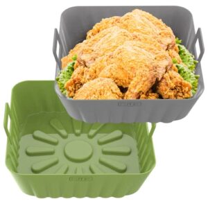 2-pack outxe 9 inch square silicone air fryer liners for 6qt to 9qt reusable large air fryer insert silicone air fryer cover easy cleaning for oven accessories (green+grey)