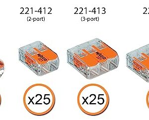 WAGO 221 Lever Nuts 90pc Compact Splicing Wire Connector Assortment with Case. Includes (25x) 221-2401, (25x) 221-412, (25x) 221-413, (15x) 221-415