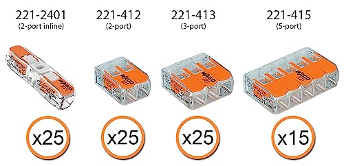 WAGO 221 Lever Nuts 90pc Compact Splicing Wire Connector Assortment with Case. Includes (25x) 221-2401, (25x) 221-412, (25x) 221-413, (15x) 221-415