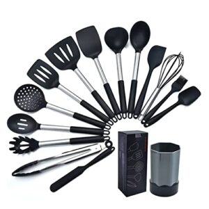 ranit silicone kitchenware spatula15-piece set, stainless steel handle kitchen utensils household cooking spoon shovel kitchenware set (black)