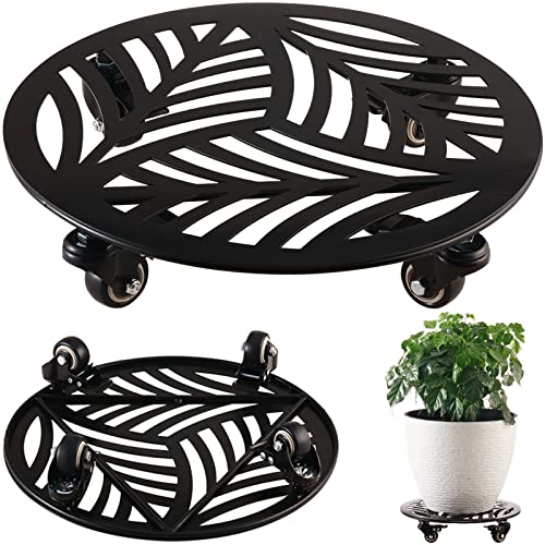 Large Metal Plant Caddy with Wheels 14 Inches Heavy-Duty Wroght Iron Rolling Plant Stand with Casters Indoor Outdoor Plant Pot Roller Base Plant Movers Plant Saucers Black, Strong Load Capacity