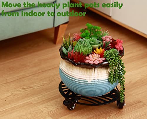 Large Metal Plant Caddy with Wheels 14 Inches Heavy-Duty Wroght Iron Rolling Plant Stand with Casters Indoor Outdoor Plant Pot Roller Base Plant Movers Plant Saucers Black, Strong Load Capacity