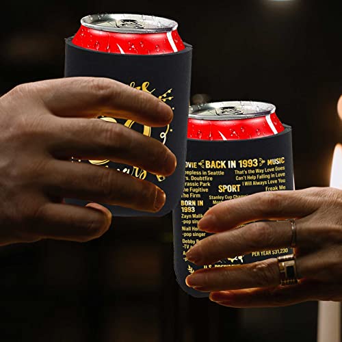 30th Birthday Decorations for Men Women Happy Thirty Birthday Party Decor Supplies 1993 Vintage- 30 Years Old Birthday Party Beverage Can Cooler Sleeves (12 Pack) Black & Gold Turning 30 BC001