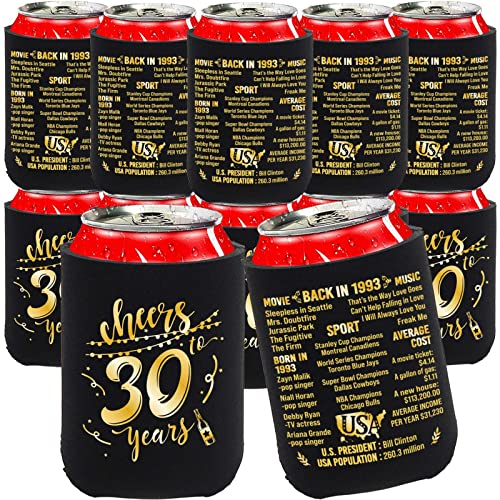 30th Birthday Decorations for Men Women Happy Thirty Birthday Party Decor Supplies 1993 Vintage- 30 Years Old Birthday Party Beverage Can Cooler Sleeves (12 Pack) Black & Gold Turning 30 BC001