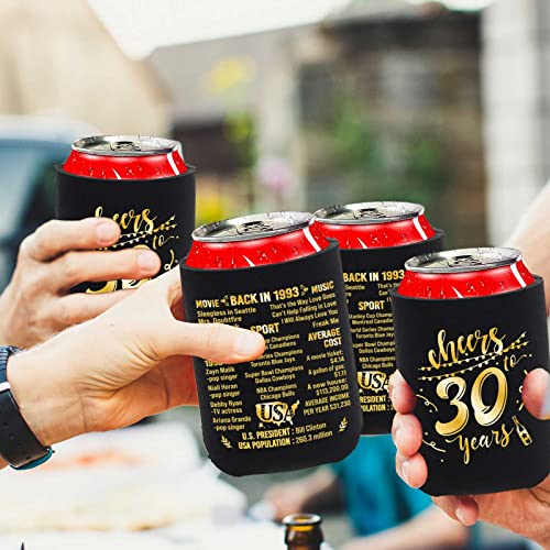 30th Birthday Decorations for Men Women Happy Thirty Birthday Party Decor Supplies 1993 Vintage- 30 Years Old Birthday Party Beverage Can Cooler Sleeves (12 Pack) Black & Gold Turning 30 BC001