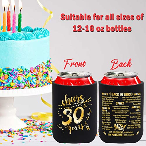 30th Birthday Decorations for Men Women Happy Thirty Birthday Party Decor Supplies 1993 Vintage- 30 Years Old Birthday Party Beverage Can Cooler Sleeves (12 Pack) Black & Gold Turning 30 BC001