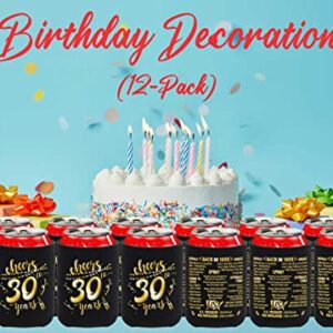 30th Birthday Decorations for Men Women Happy Thirty Birthday Party Decor Supplies 1993 Vintage- 30 Years Old Birthday Party Beverage Can Cooler Sleeves (12 Pack) Black & Gold Turning 30 BC001