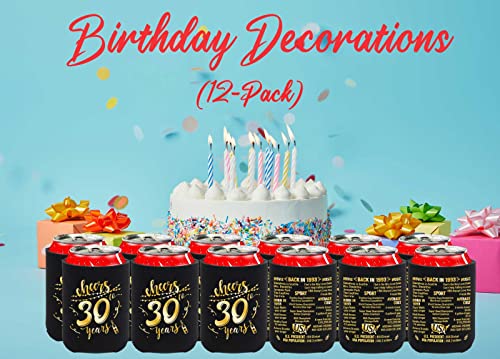 30th Birthday Decorations for Men Women Happy Thirty Birthday Party Decor Supplies 1993 Vintage- 30 Years Old Birthday Party Beverage Can Cooler Sleeves (12 Pack) Black & Gold Turning 30 BC001