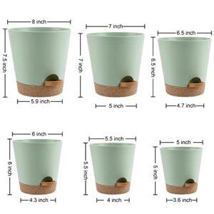 YNNICO Indoor Self Watering Planters with Drainage Holes and Saucers, 8, 7, 6.5, 6, 5.5, 5 Inches, Green, 6 Pots