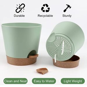 YNNICO Indoor Self Watering Planters with Drainage Holes and Saucers, 8, 7, 6.5, 6, 5.5, 5 Inches, Green, 6 Pots