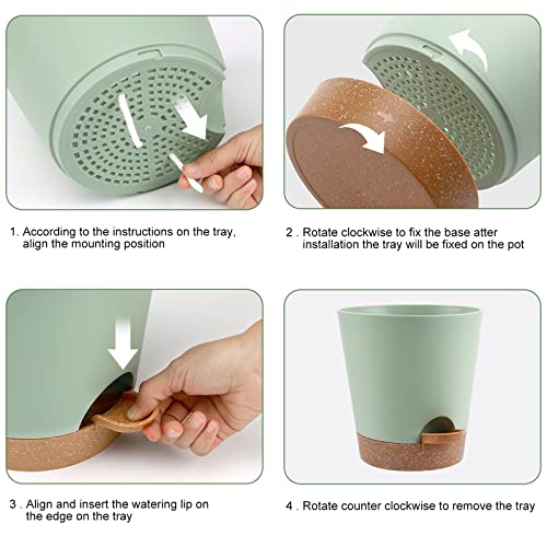 YNNICO Indoor Self Watering Planters with Drainage Holes and Saucers, 8, 7, 6.5, 6, 5.5, 5 Inches, Green, 6 Pots