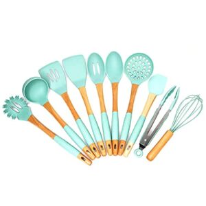 ranit 10 pieces of silicone kitchenware set,wooden handle non-stick pot cooking tool set,kitchen utensils household cooking spoon shovel kitchenware set (green)