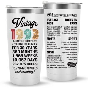 jettryran 30th birthday gifts for women men 30 years old gifts- 20 oz double-sided vintage 1993 time with information tumbler cup（white） turning 30- tw001