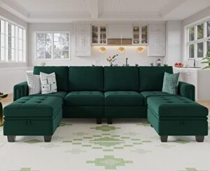 belffin velvet u shaped sectional sofa couch with storage ottoman convertibel sectional sofa with reversible chaises green