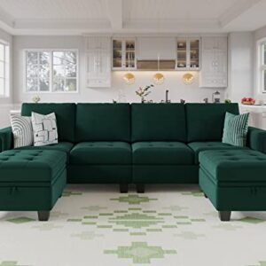 Belffin Velvet U Shaped Sectional Sofa Couch with Storage Ottoman Convertibel Sectional Sofa with Reversible Chaises Green