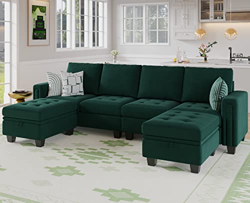 Belffin Velvet U Shaped Sectional Sofa Couch with Storage Ottoman Convertibel Sectional Sofa with Reversible Chaises Green